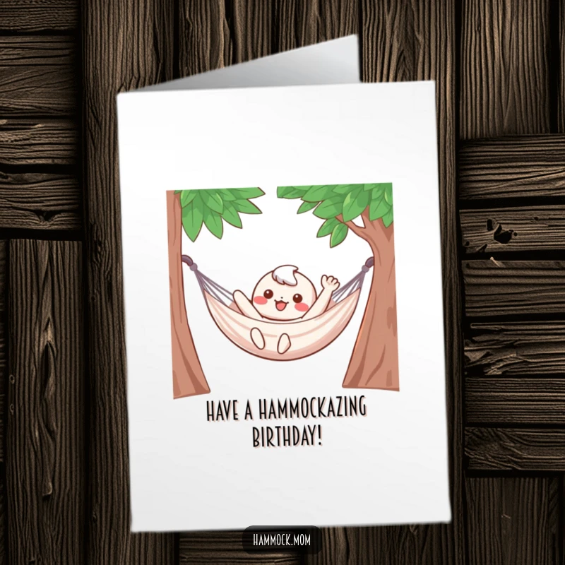 Funny Free Printable Birthday Card: Joyful Kawaii character waves happily from a hammock, embodying pure relaxation and birthday cheer.