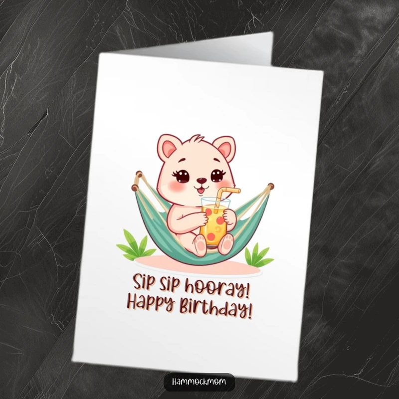 Funny free printable birthday card shows a mom animal relaxing in a hammock with a refreshing drink and straw.