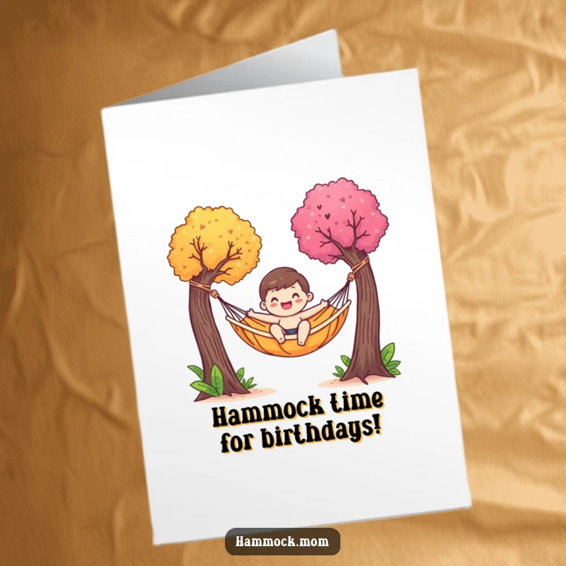 Funny Free Printable Birthday Card: A happy character relaxes in a hammock swaying between two colorful trees.