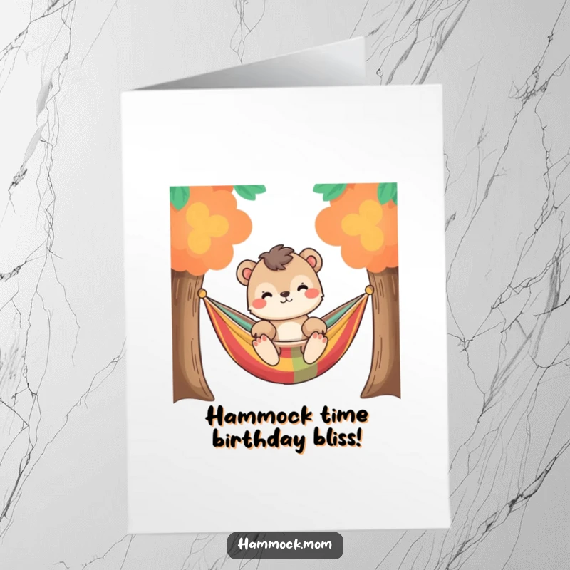 Funny Free Printable Birthday Card featuring a relaxed animal character swaying peacefully in a colorful hammock.