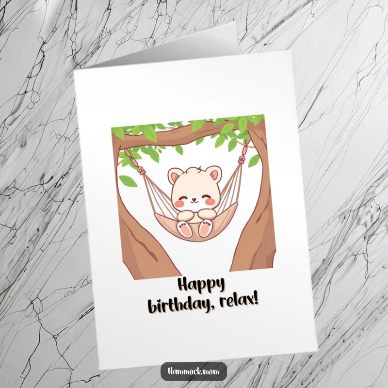 Funny Free Printable Birthday Card: Animal character relaxing in a hammock, peaceful and happy