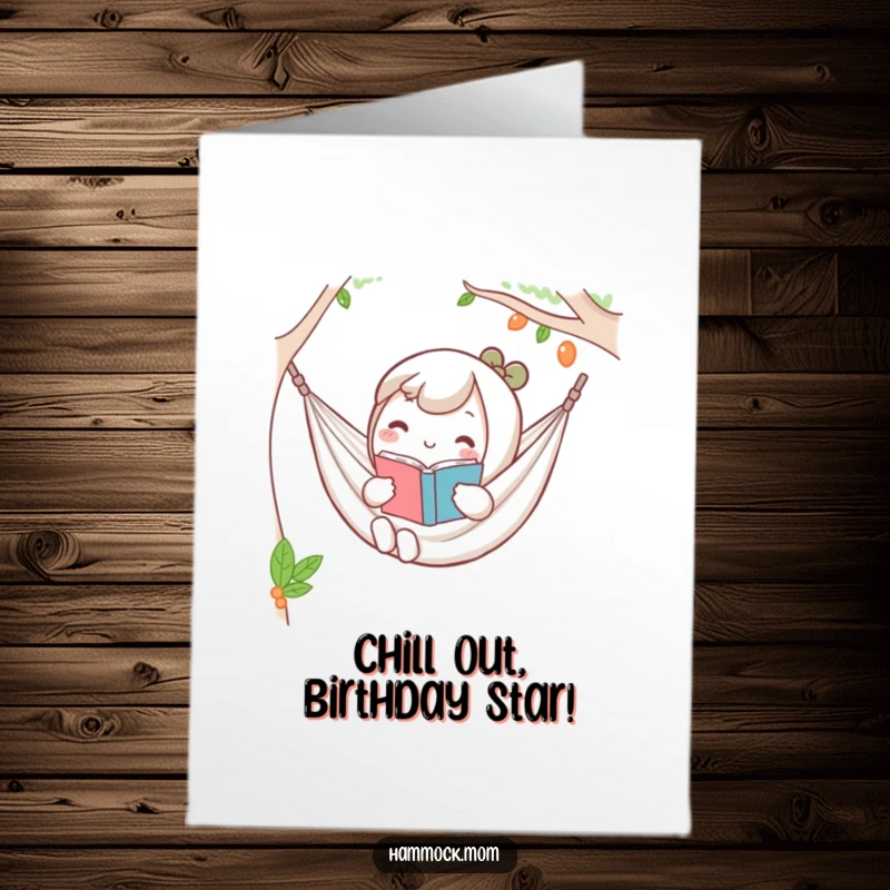 Funny Free Printable Birthday Card: A kawaii character relaxes in a hammock, engrossed in a book with a peaceful smile.