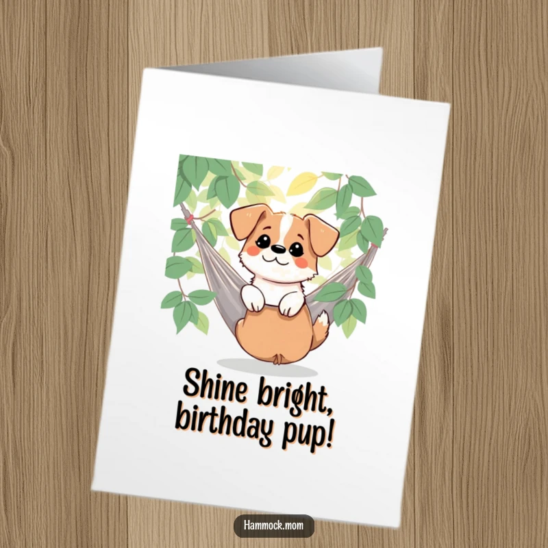 Funny Free Printable Birthday Card: Dog in hammock watches dappled sunlight filtering through leaves, peaceful and happy.