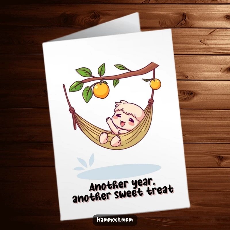 Funny Free Printable Birthday Card: A character reaches for a juicy fruit dangling from a hammock, celebrating with leisure.