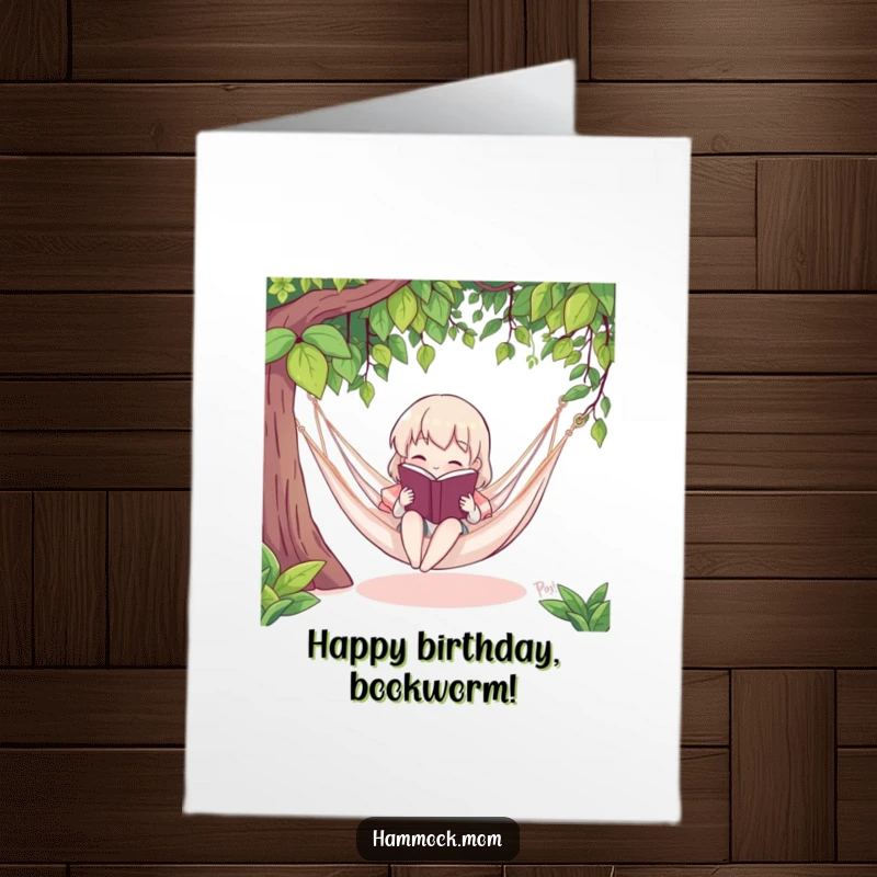 Funny free printable birthday card showing a character reading a book while relaxing in a hammock, a cozy downloadable gift.