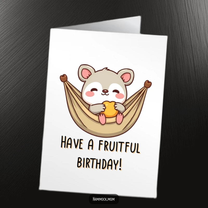 Funny Free Printable Birthday Card: Kawaii animal in a hammock, offering a small fruit, generous and cheerful.