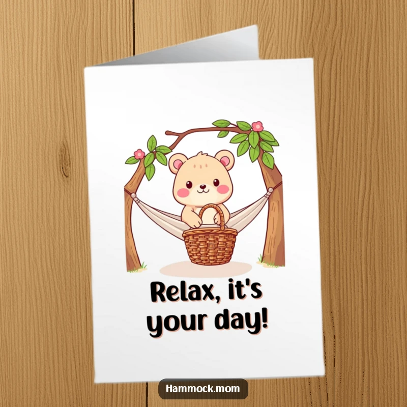 Funny Free Printable Birthday Card: Content animal by a hammock with a picnic basket, wishing a peaceful birthday.