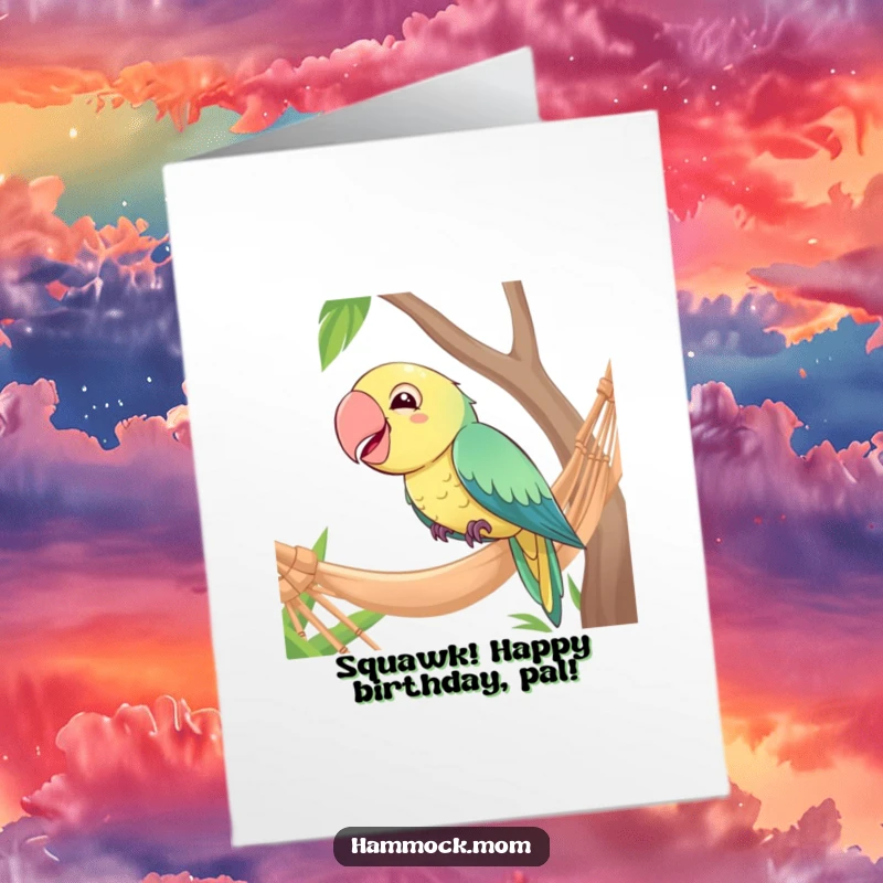 Funny Free Printable Birthday Card: A giggling parrot looks amused while perched by a hammock, celebrating a birthday with laughter.