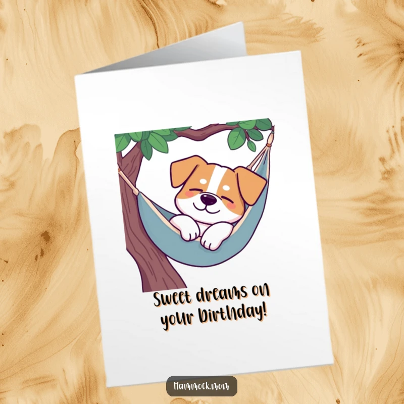 Funny Free Printable Birthday Card: Dog napping peacefully in a hammock, a small smile, a serene birthday wish.