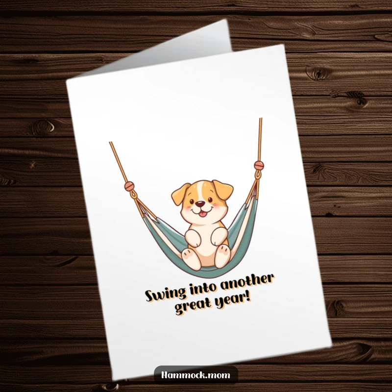 Funny Free Printable Birthday Card: A dog enjoys a gentle swing in a comfy hammock, radiating happiness.