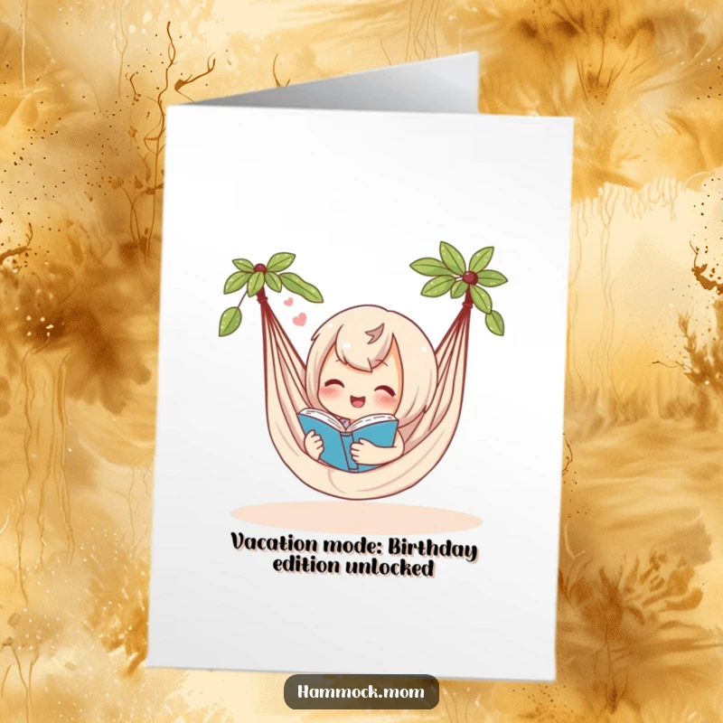 Funny Free Printable Birthday Card featuring a delighted hammock character blissfully reading a book with eyes closed, embodying pure relaxation.