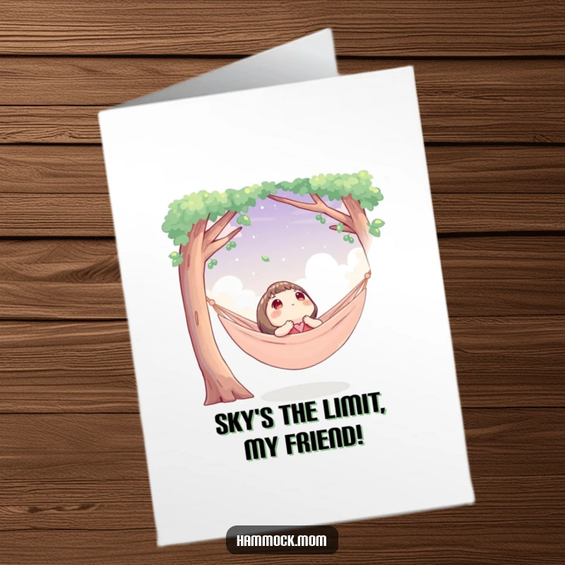 Funny Free Printable Congratulations Card: Character looks up at the sky from a hammock, celebrating success with peaceful contemplation.