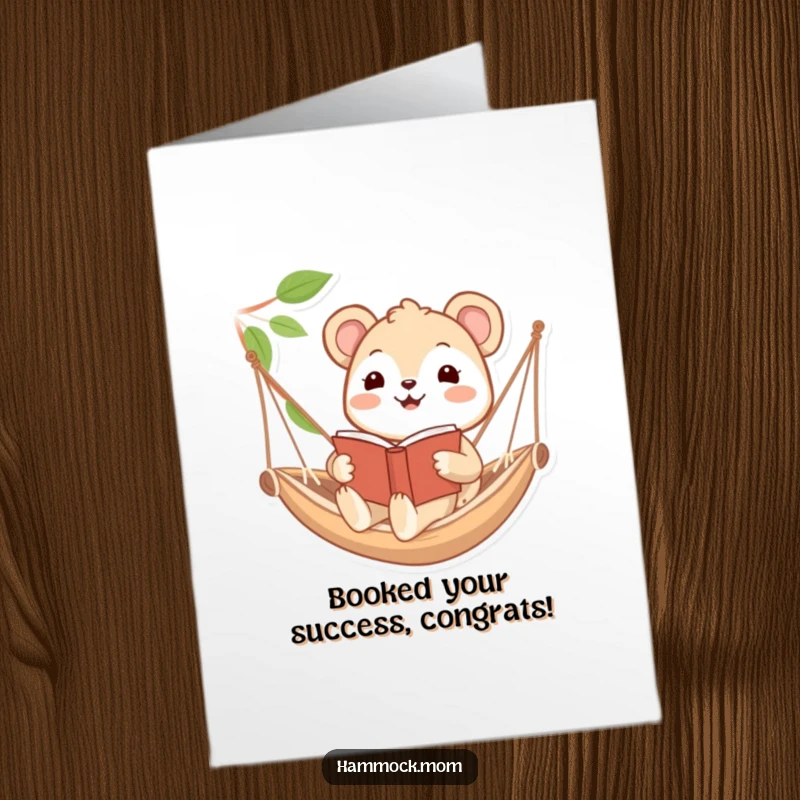 Funny Free Printable Congratulations Card showing a happy animal reading a book while swaying in a hammock, a downloadable gift.