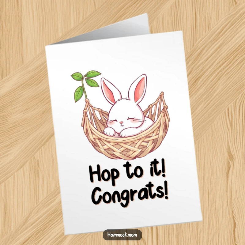Calm Free Printable Congrats Card: Content bunny peacefully snoozing in a woven hammock, celebrating quiet success.