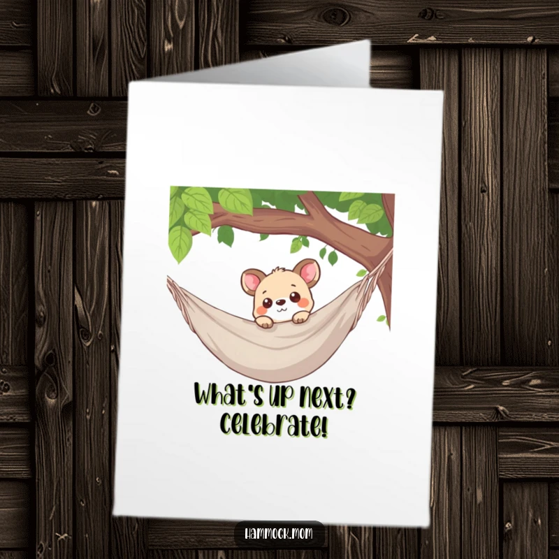 Funny Free Printable Congratulations Card: A curious animal peeking over a hammock's edge with keen interest and playful intrigue.