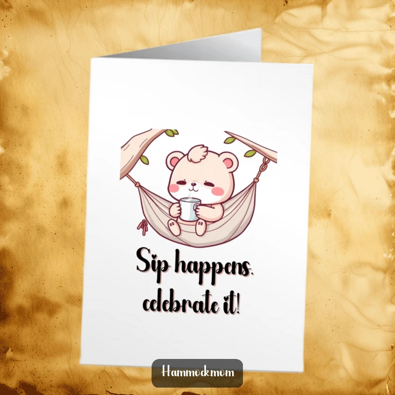Funny Free Printable Congratulations Card: Kawaii hammock animal raising a tiny cup in a toast, looking content.