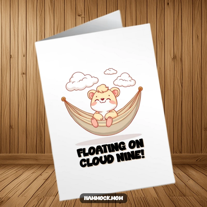 Funny free printable congratulations card featuring a mom animal happily watching clouds drift by in a hammock.