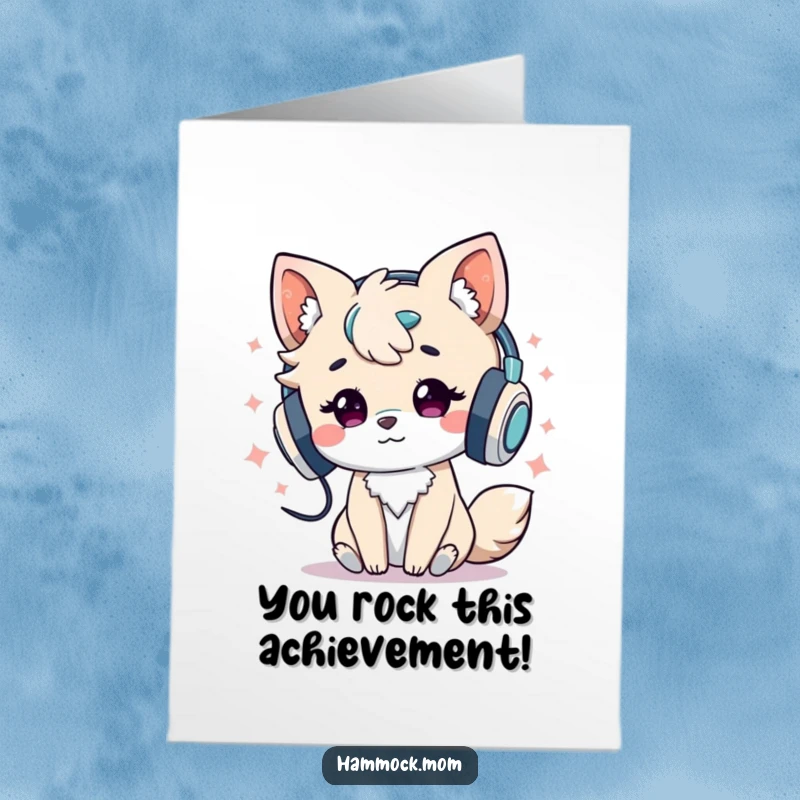 Funny Free Printable Congrats Card: Happy animal bopping to music with headphones, cheering on success.
