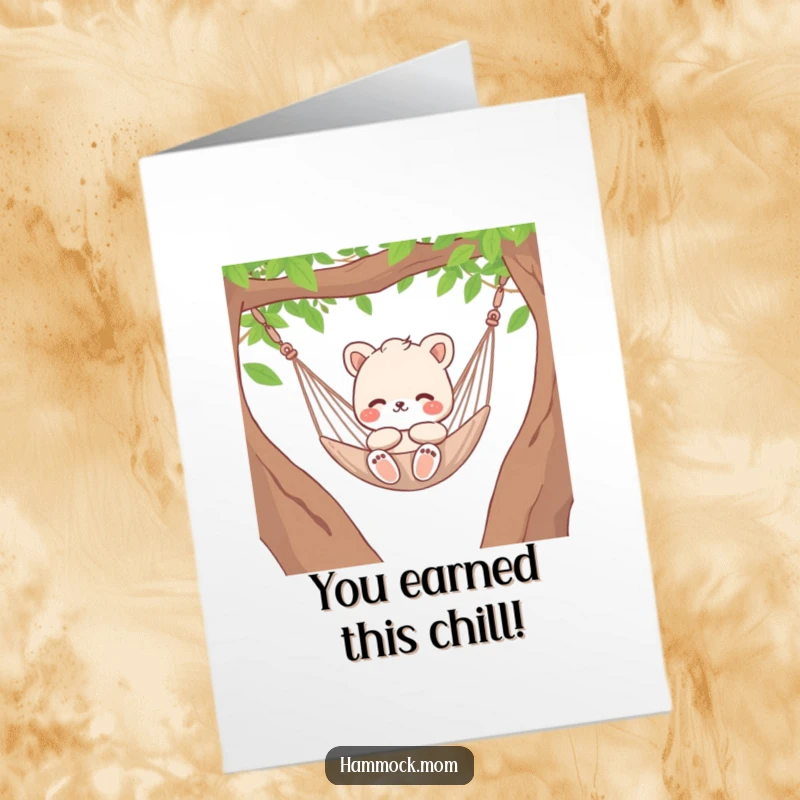 Funny Free Printable Congrats Card: Animal character in a hammock, gently swinging, celebrating ease