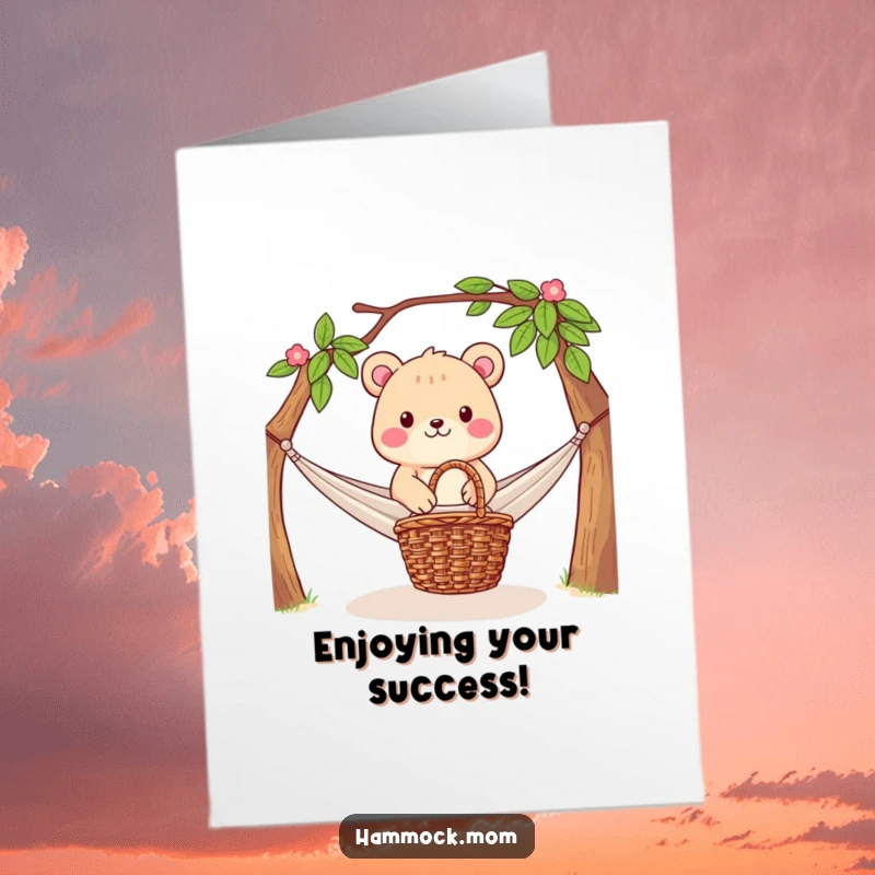 Funny Free Printable Congrats Card: Peaceful animal near a hammock and picnic basket, symbolizing a well-deserved rest.