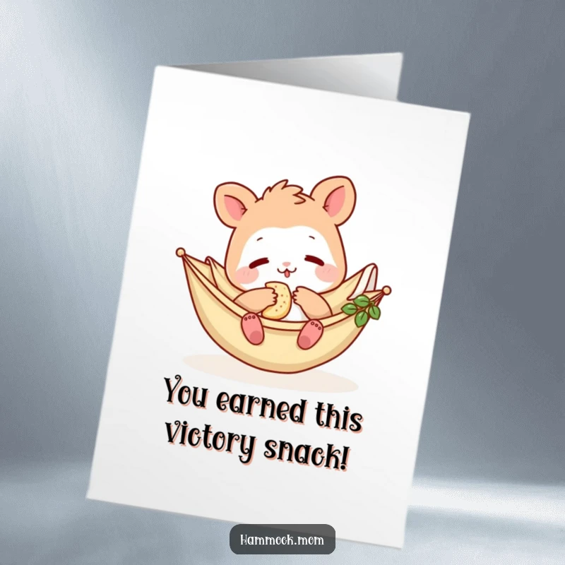 Funny Free Printable congratulations card of a hammock mom animal enjoying a snack, ideal for a humorous downloadable gift.