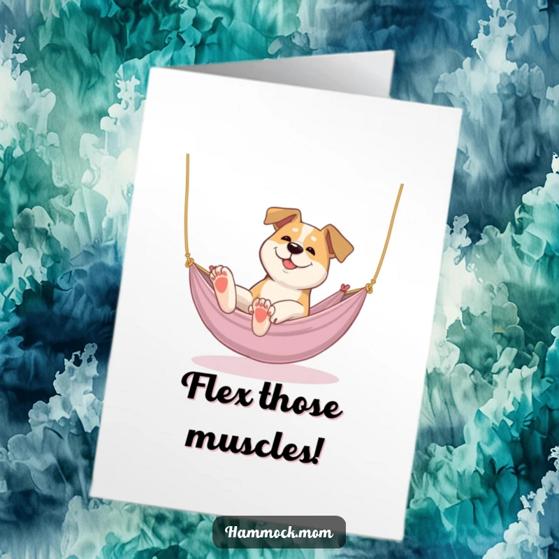 Funny Free Printable Congratulations Card showing a dog stretching leisurely in a hammock. Perfect for celebrating a well-deserved break.