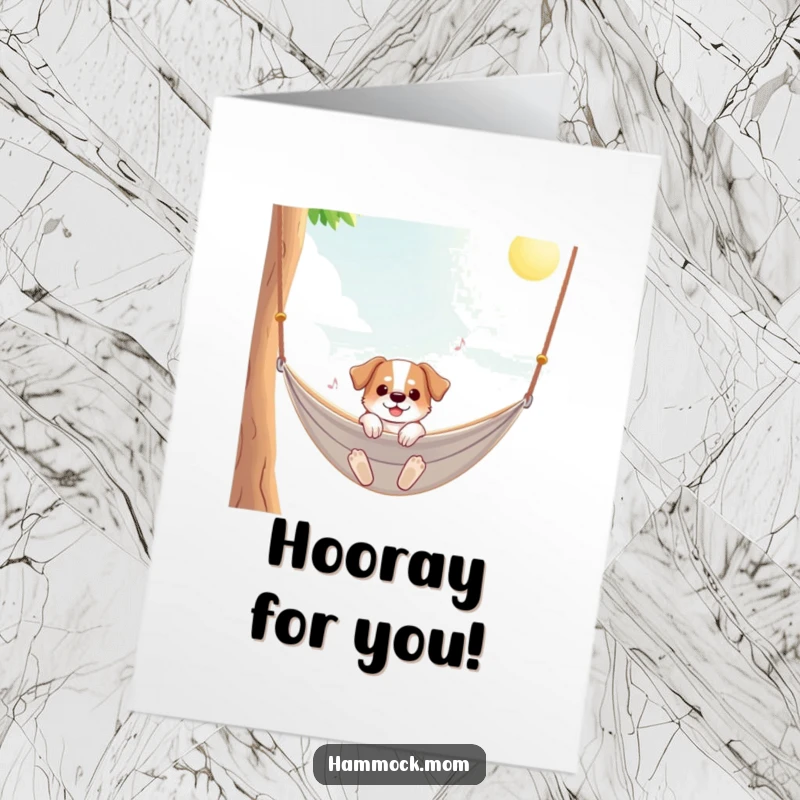 Funny Free Printable Congratulations Card showing a dog happily swinging in a hammock, bathed in sunshine. Cheers to them!