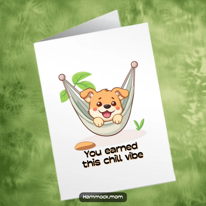 Funny Free Printable Congratulations Card: A dog lounges in a hammock looking amused, perfect for celebrating wins.
