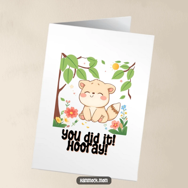 Funny Free Printable Congratulations Card: Cheerful dreaming animal surrounded by smiling nature elements, conveying happiness
