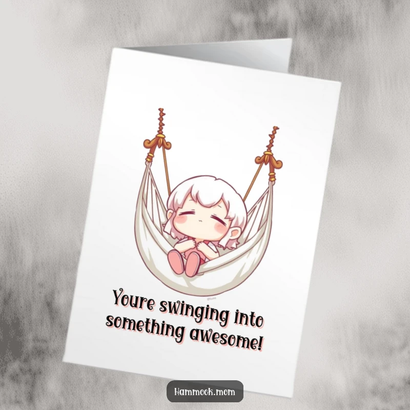 Free printable congratulations card featuring a character in blissful relaxation swinging in a hammock, great downloadable art.