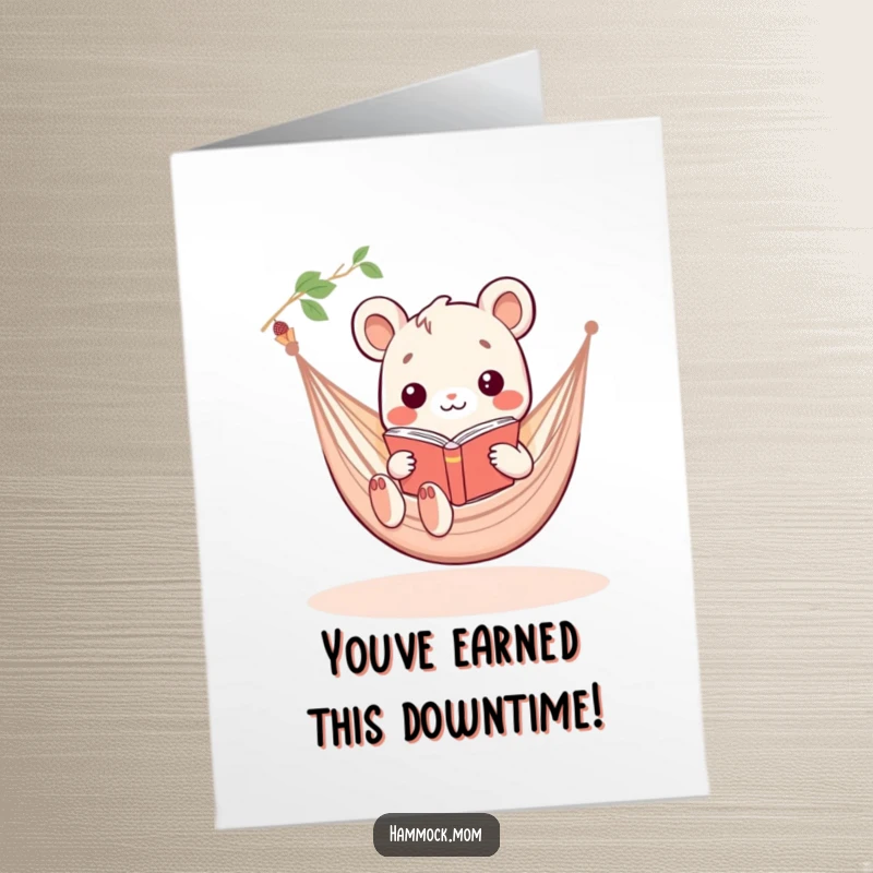 Funny Free Printable Congratulations Card: Kawaii animal in a hammock, giving a thumbs-up, celebrating success with a book.