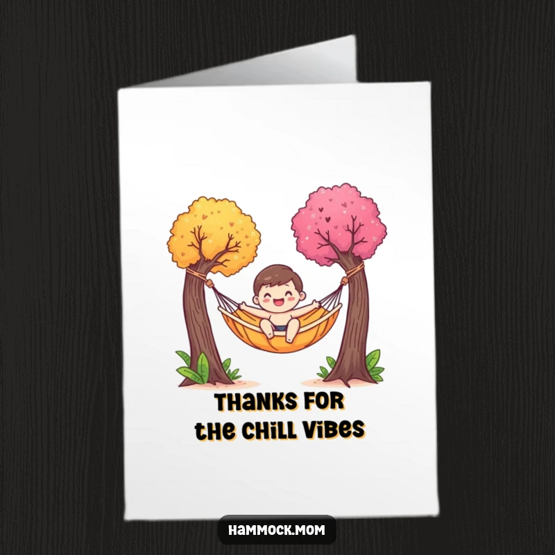 Funny Free Printable Thank You Card: A happy character is relaxing in a hammock, swaying peacefully between trees.