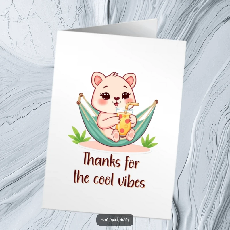 Funny free printable thank you card of a mom animal holding a drink with a straw in a hammock.