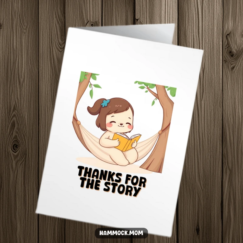 Funny free printable thank you card of a mom animal reading a book peacefully in a hammock.