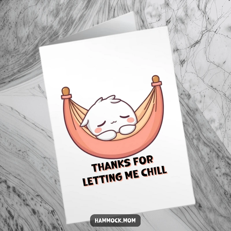 Funny Free Printable Thank You Card: Kawaii hammock character asleep, silently thanking you for the peace and quiet.