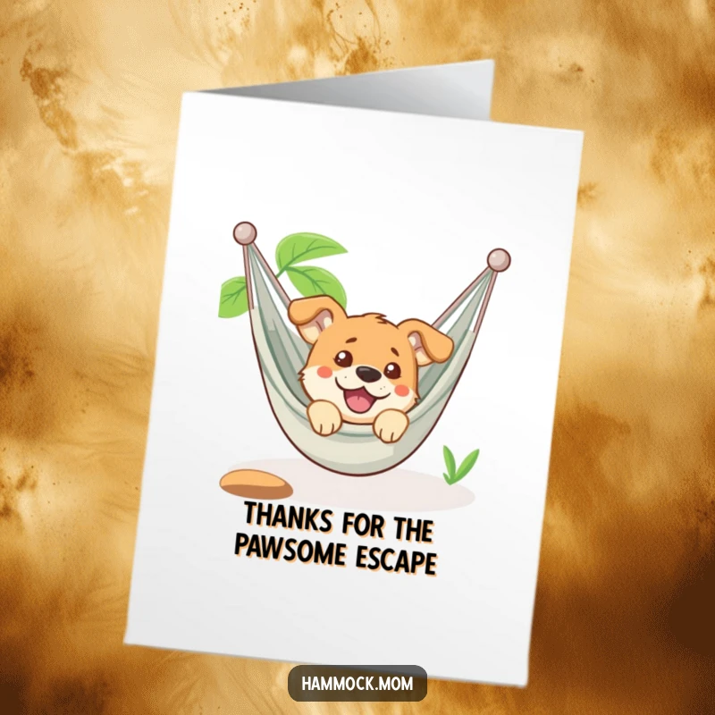 Funny Free Printable Thank You Card: A content dog relaxes in a hammock, conveying humorous thanks.