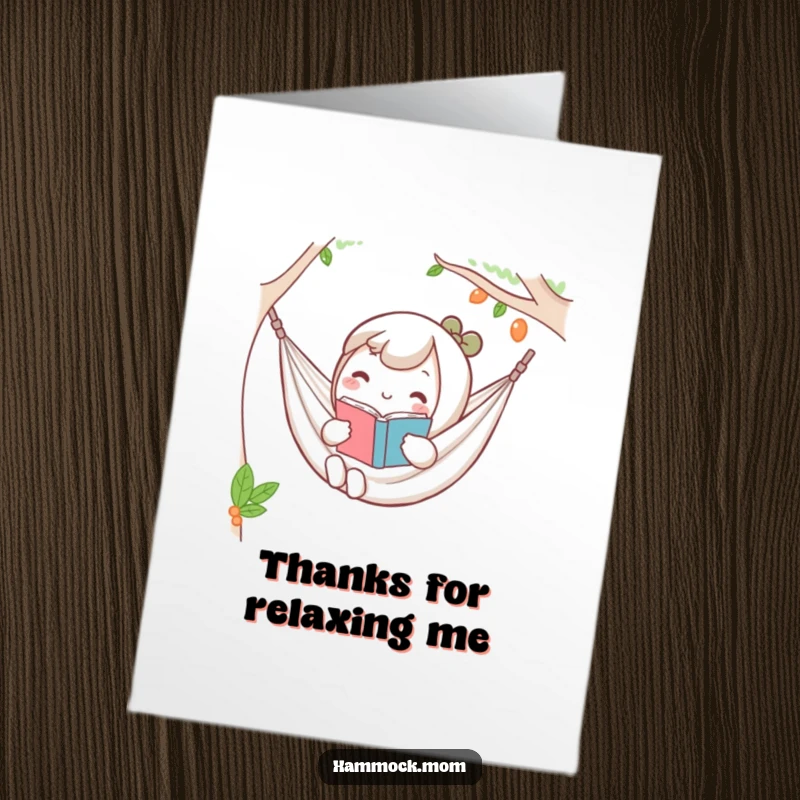 Funny Free Printable Thank You Card: A smiling kawaii character lounges in a hammock with a book, offering relaxed gratitude.