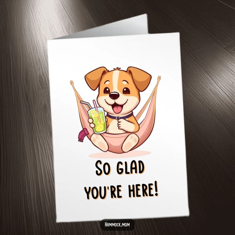 Funny Free Printable Thank You Card of a dog with a drink in a hammock. A cool way to express thanks.