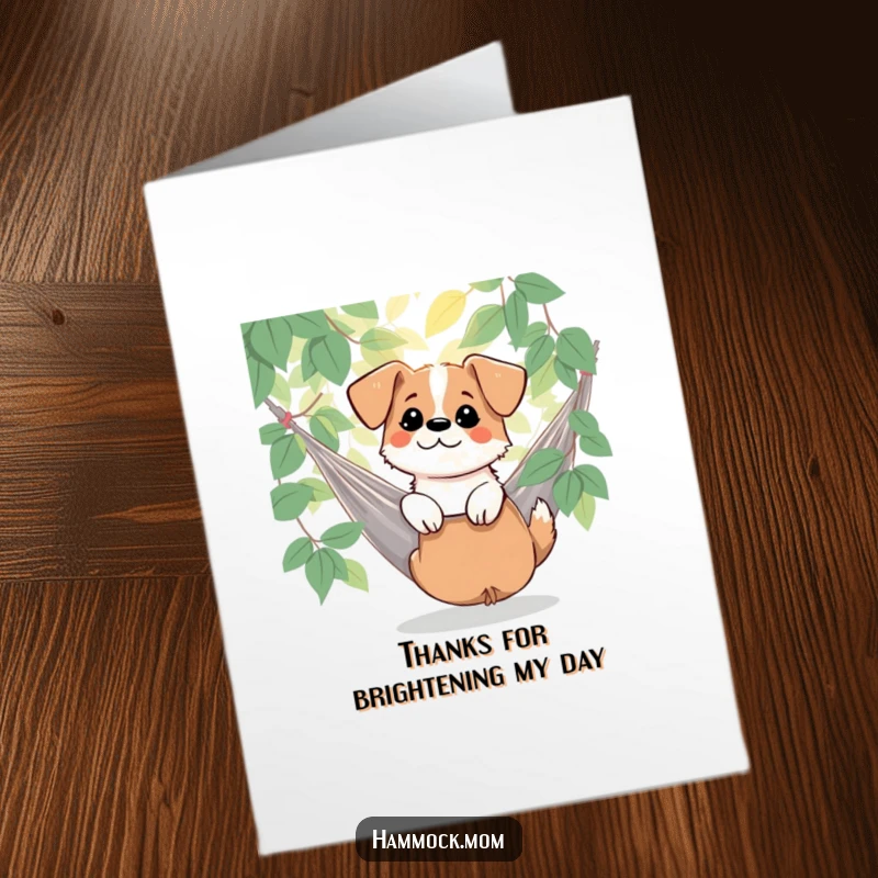 Funny Free Printable Thank You Card: Dog in hammock watches dappled sunlight, a moment of serene thanks.