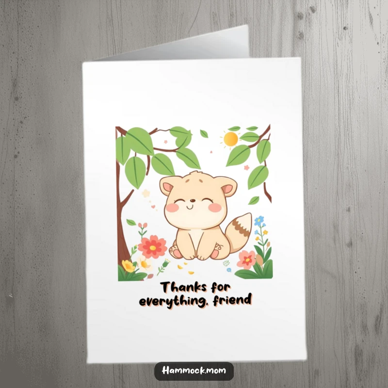 Funny Free Printable Thank You Card: Smiling dreaming animal in a peaceful nature setting expressing gratitude whimsically