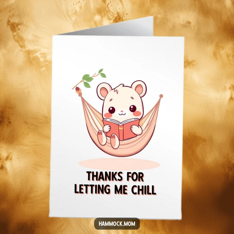 Funny Free Printable Thank You Card: Kawaii animal in a hammock, holding a tiny cup, expressing thanks joyfully.