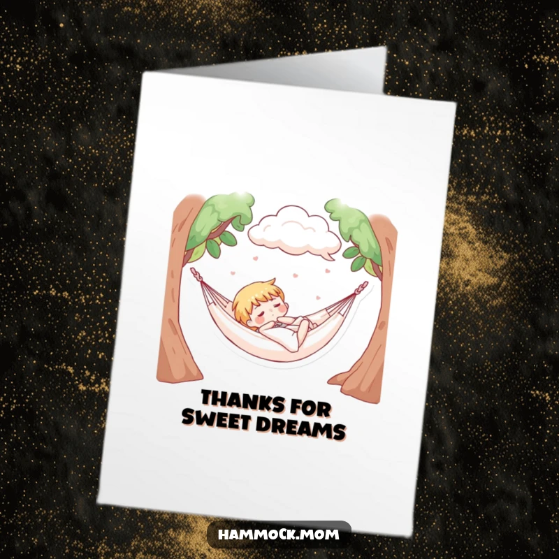 Funny Free Printable Thank You Card: Character enjoying a nap in a hammock, soft clouds above, resting peacefully.