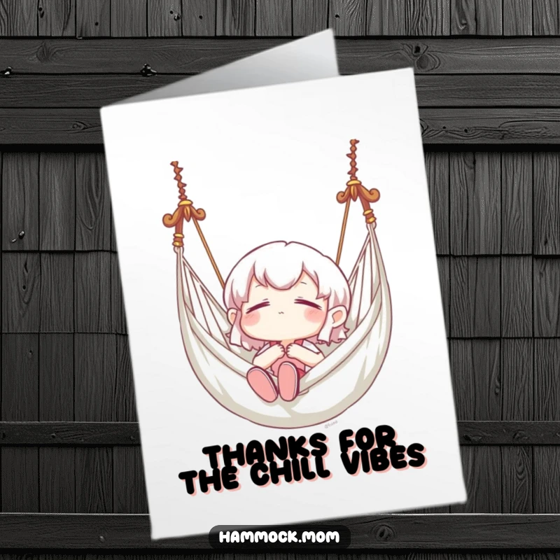 Funny free printable thank you card showing a character in blissful repose in a hammock, ideal downloadable art.