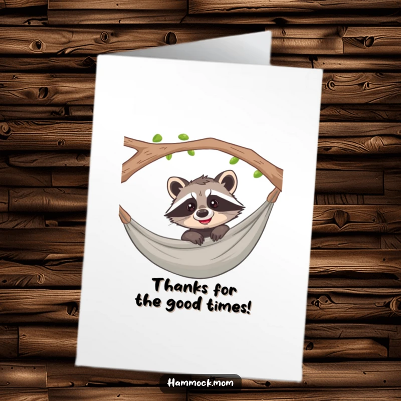 Funny Free Printable Thank You Card: Raccoon in a hammock, giving a curious, grateful grin, a unique thank you.