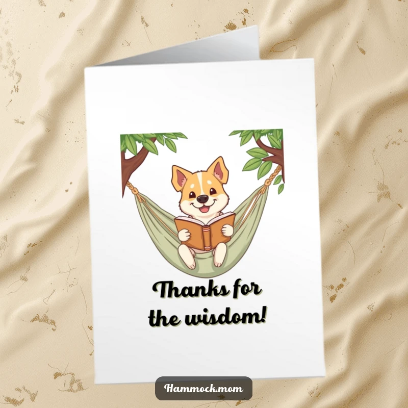 Funny Free Printable Thank You Card with a dog reading a book in a hammock. A thoughtful and amusing gesture.
