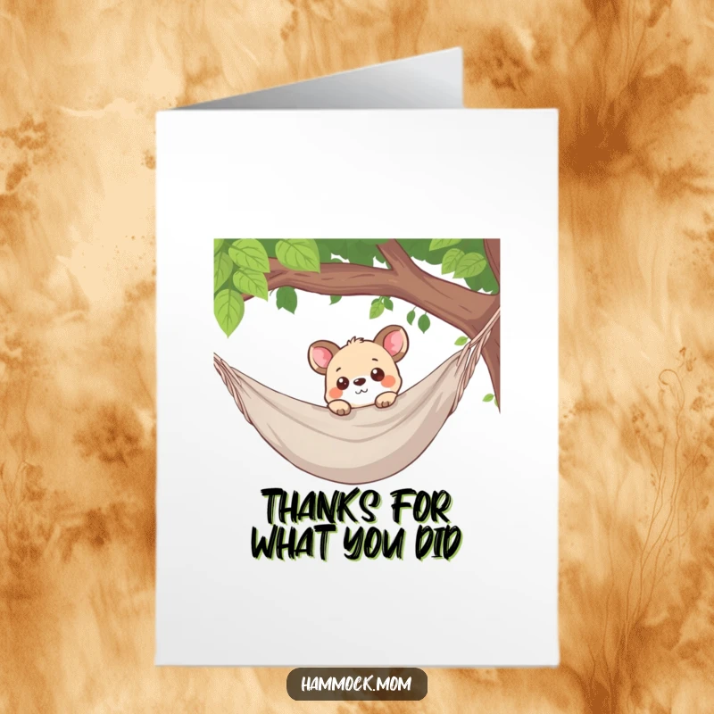 Funny Free Printable Thank You Card: Curious animal peeking over hammock edge, showing interest and a hint of mischief.