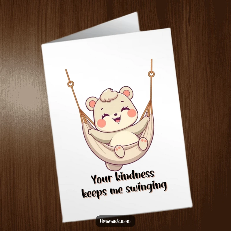 Funny free printable thank you card of a mom animal smiling while swinging in a hammock.