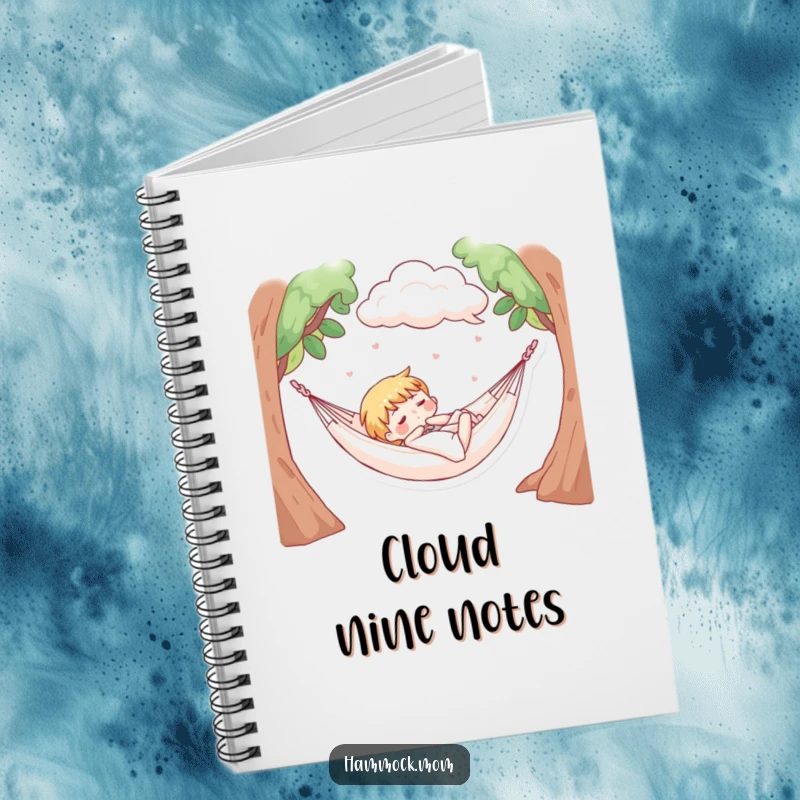 Funny notebook with a character napping in a hammock under soft, fluffy clouds, perfect for jotting down dream ideas.