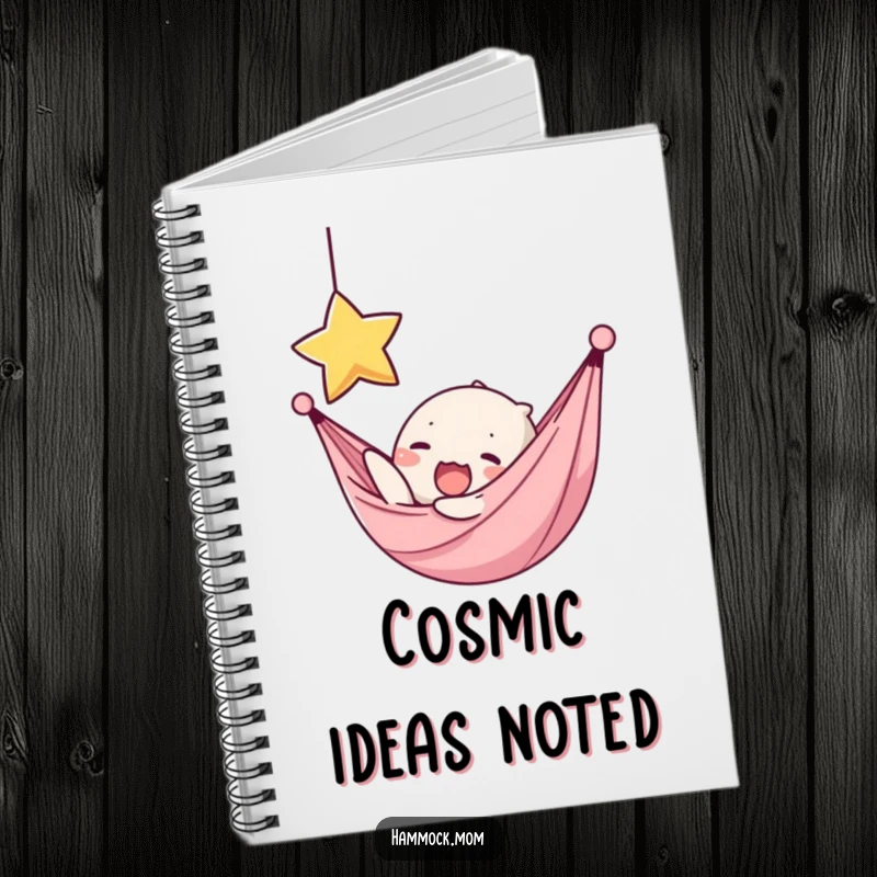 Funny notebook with a kawaii hammock character yawning, reaching for a star, ideal for capturing dreams and ideas.