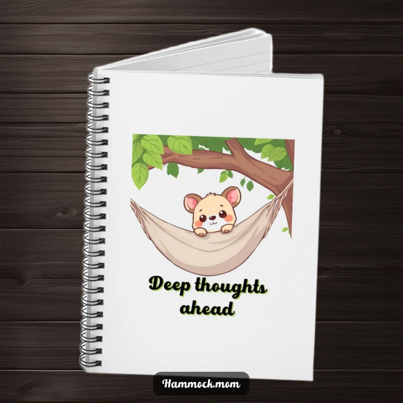 Funny notebook with a curious animal character peeking over a hammock edge, perfect for jotting down ideas.